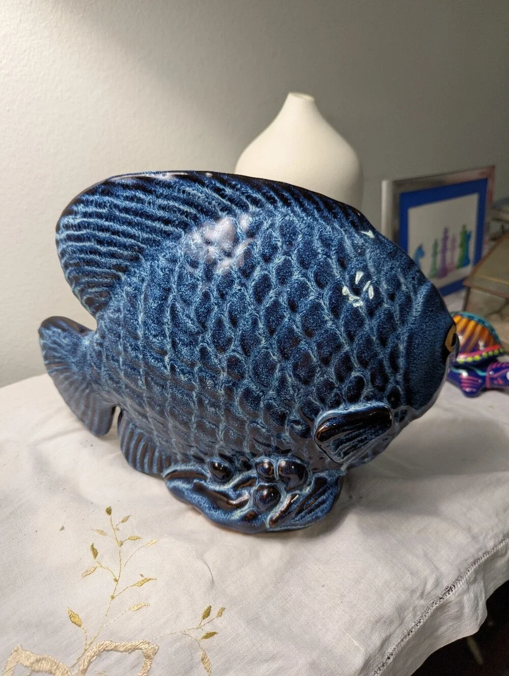 Decorative Blue Ceramic Clay Mama and Baby Fish Figurine